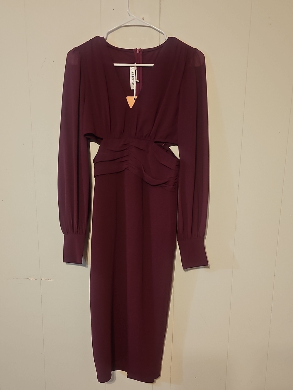Long-Sleeve Deep Plum Midi Dress with Ruched Waist